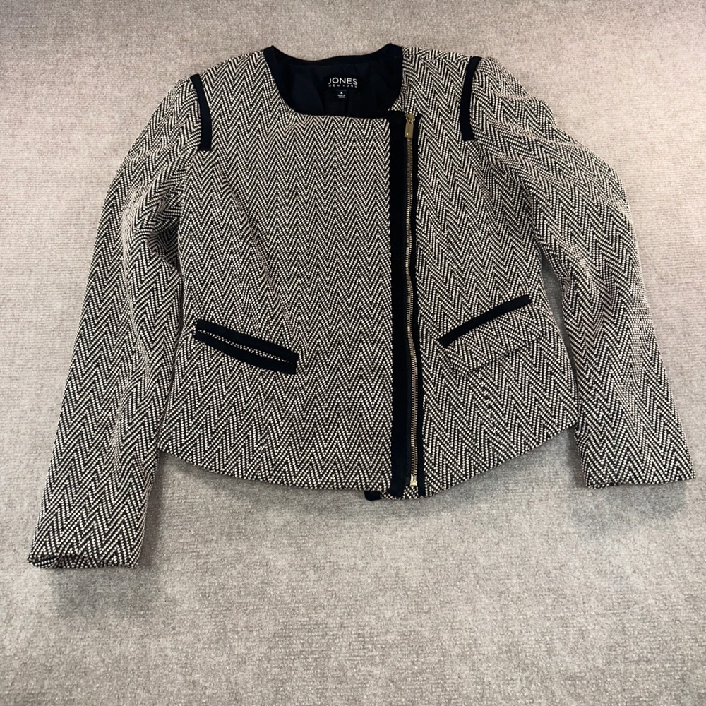Jones New York Black White Herringbone Chevron Asymmetric Zip Jacket Size 4
